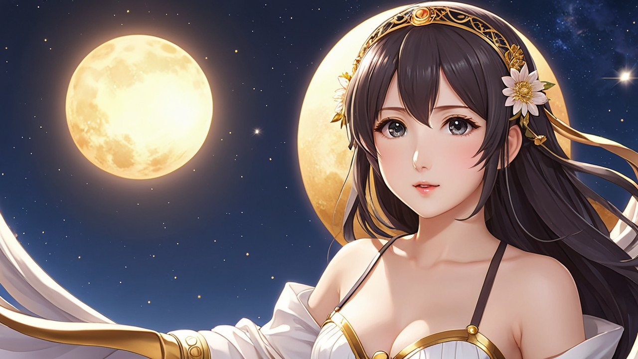 Character in Elegant Outfit Against Starry Night Sky