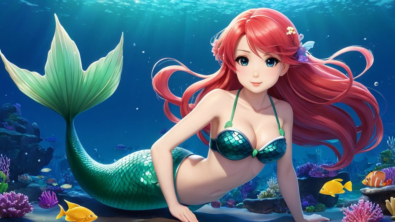 Vibrant Underwater Scene with Mermaid and Coral
