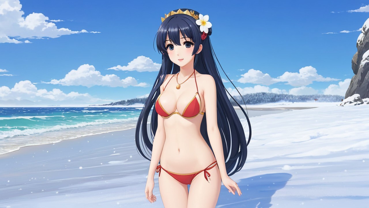 Young Woman in Red Bikini on Sunny Beach Scene