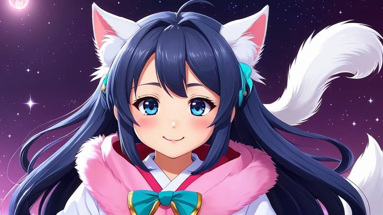 Anime Character in Kimono with Cat Ears and Tail