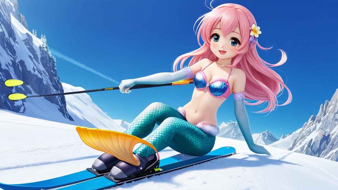 Anime girl on ski slope in mermaid outfit with flippers