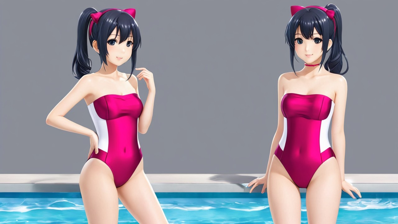 Animated Characters in Pink Swimsuits by Pool