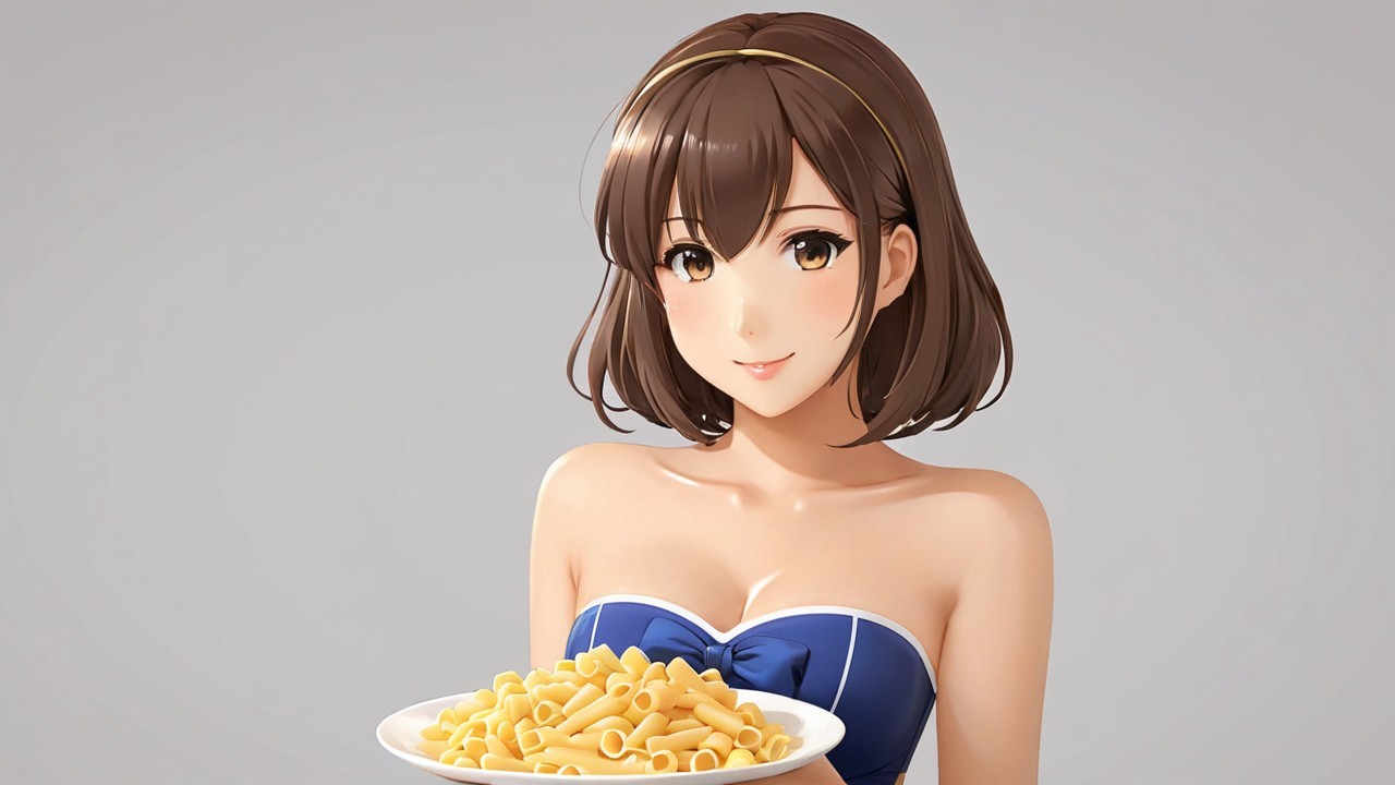 Cheerful anime character with pasta on a gray background