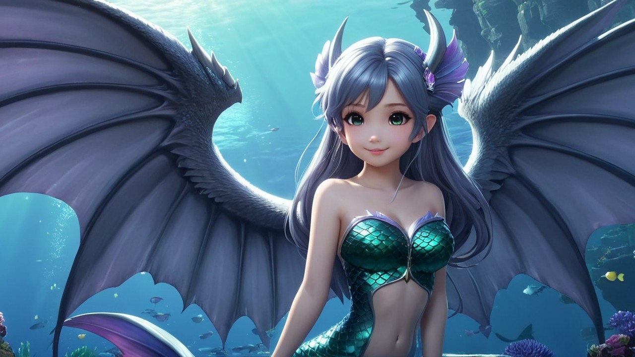Mermaid with Wings in a Colorful Underwater Scene