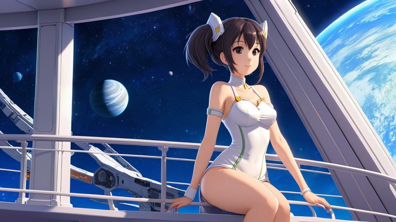 Anime Character on Futuristic Balcony with Cosmic View