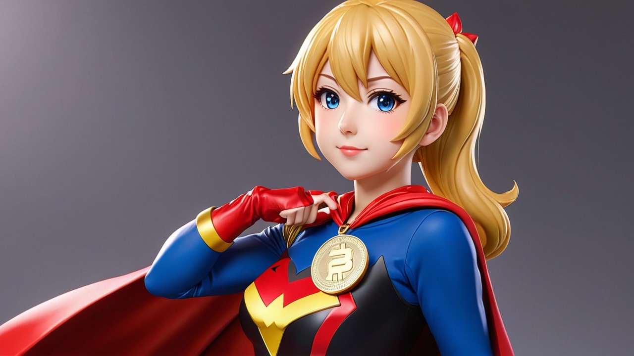 Female superhero in blue and red costume with cape