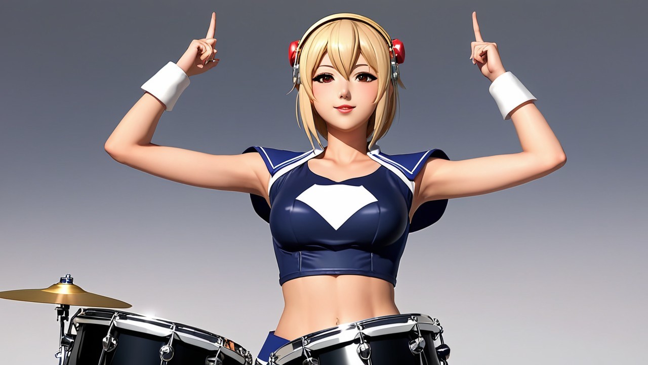 Anime Character Behind Drum Set in Dynamic Pose