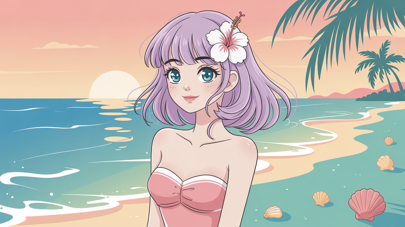 Anime Drawing of Girl in Pastel Beach Scene