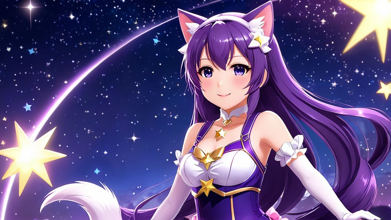 Vibrant Anime Character with Purple Hair and Cat Ears