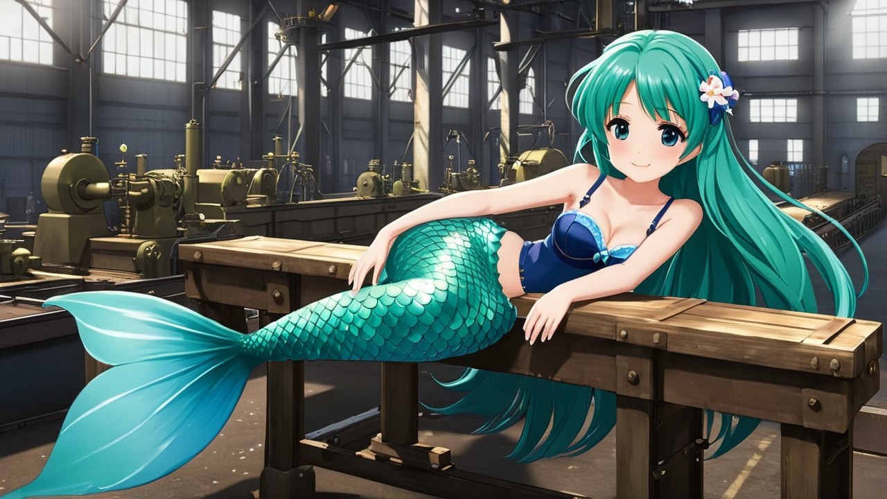 Mermaid in Industrial Setting with Vibrant Colors