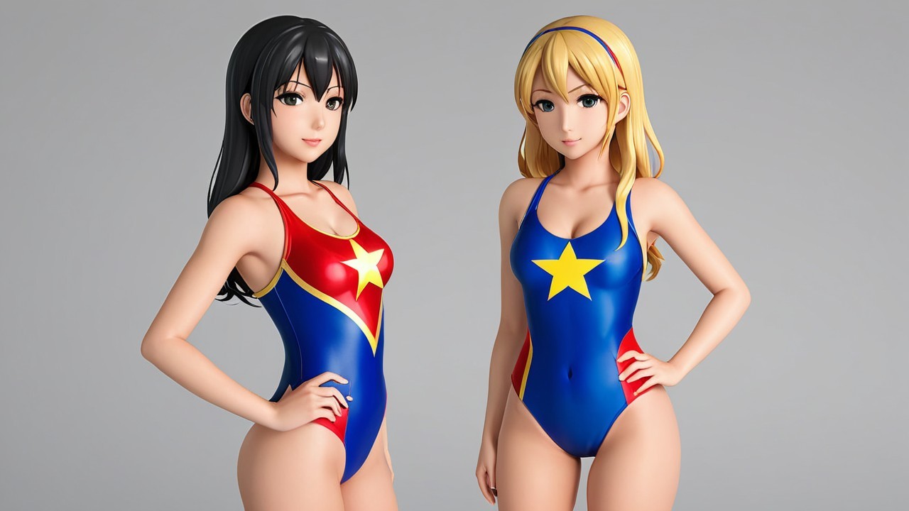 Anime-Styled Female Characters in Swimsuits on Gray Background