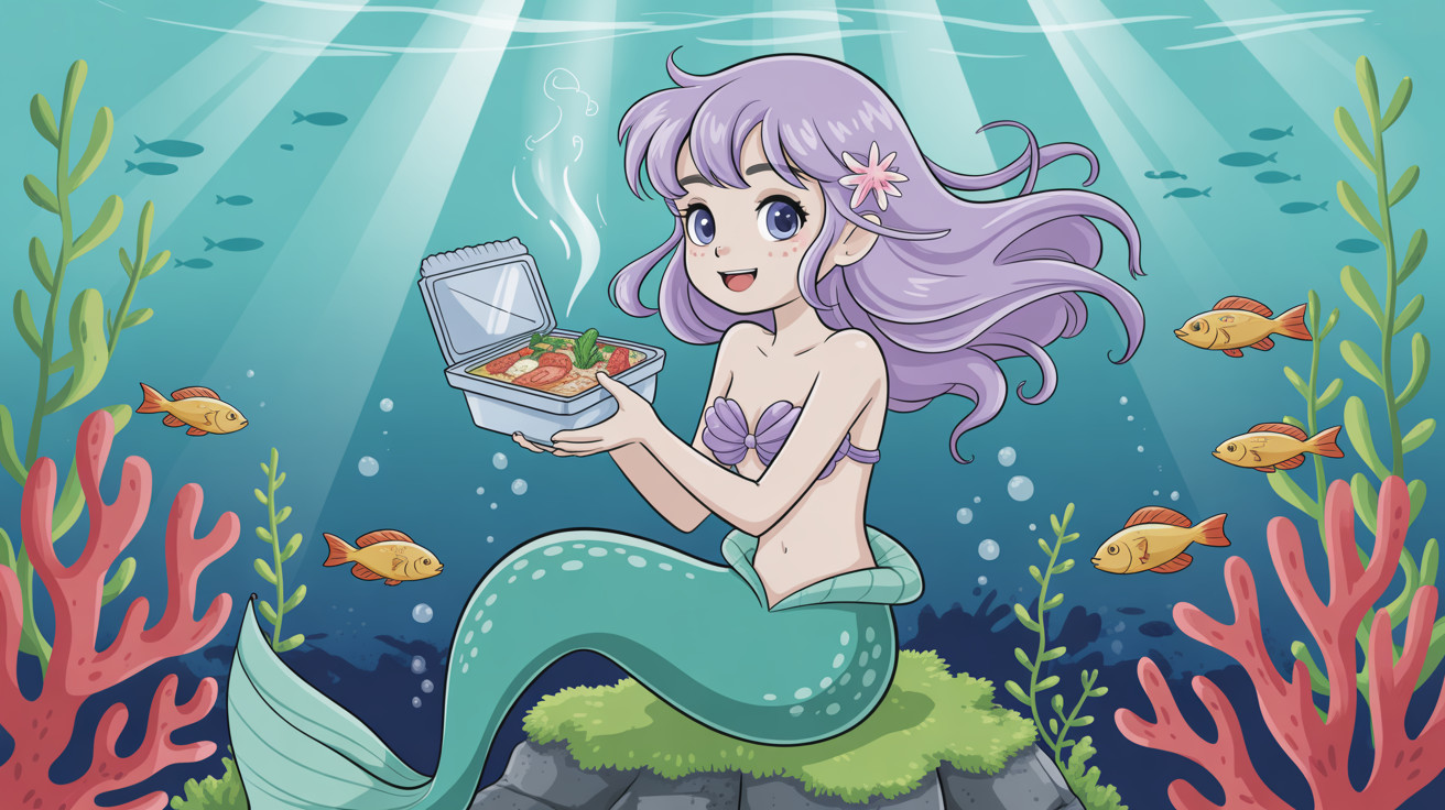 Anime-style mermaid illustration with food and coral