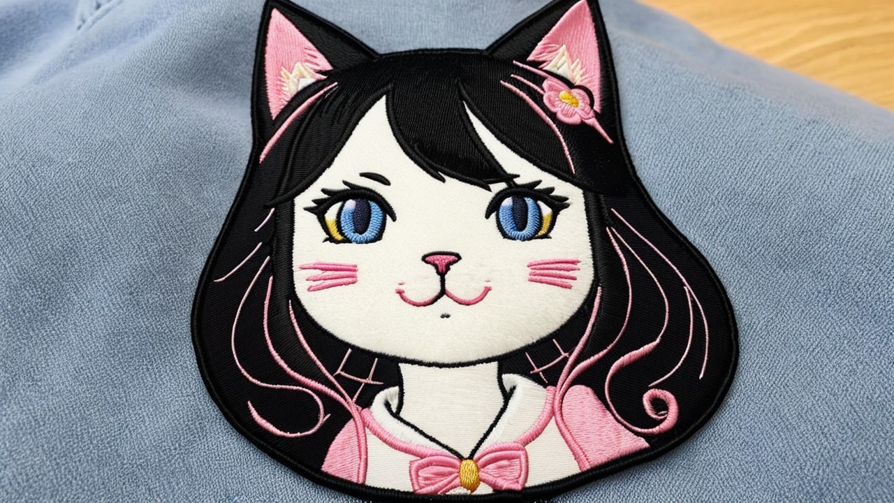 Embroidered Cat-Girl Patch with Cheerful Expression