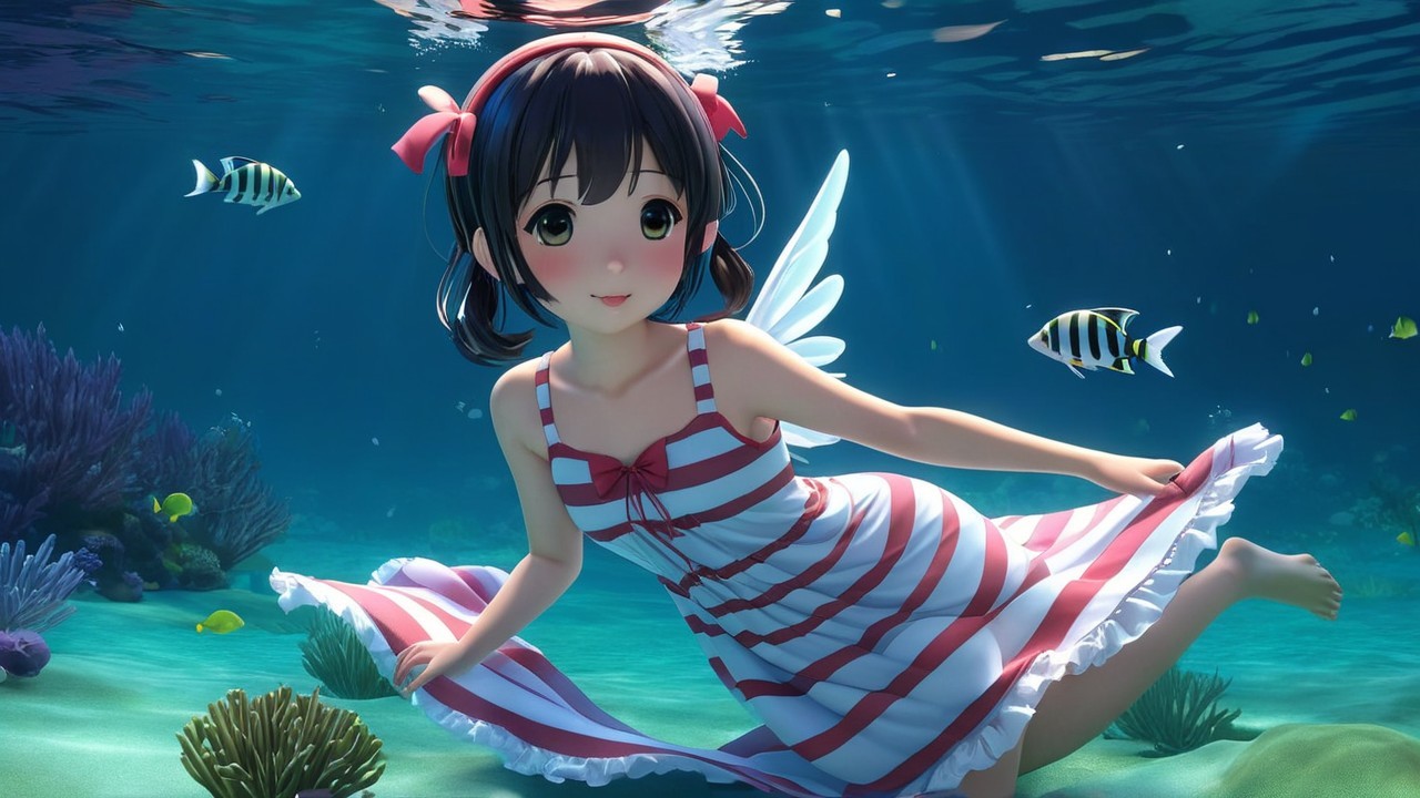 Anime Character Swimming in a Vibrant Coral Scene