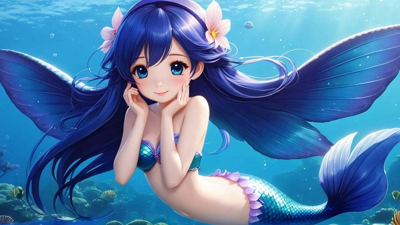 Cheerful Mermaid in Vibrant Underwater Paradise