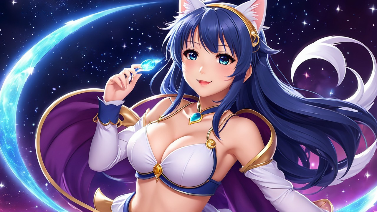 Playful Character with Cat Ears in Cosmic Setting