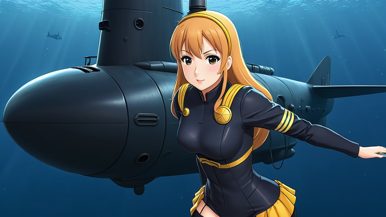 Underwater Scene with Stylized Female Character and Submarine