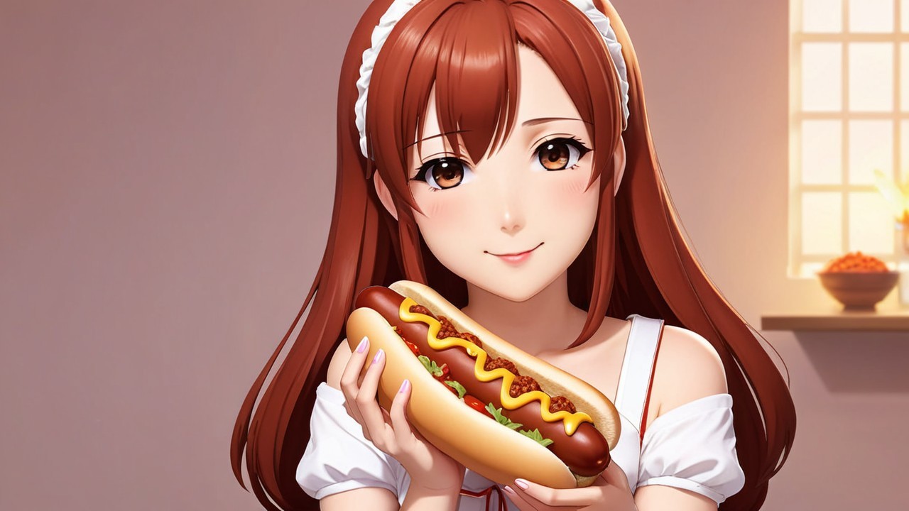 Cheerful Girl in Maid Outfit with Hot Dog in Kitchen