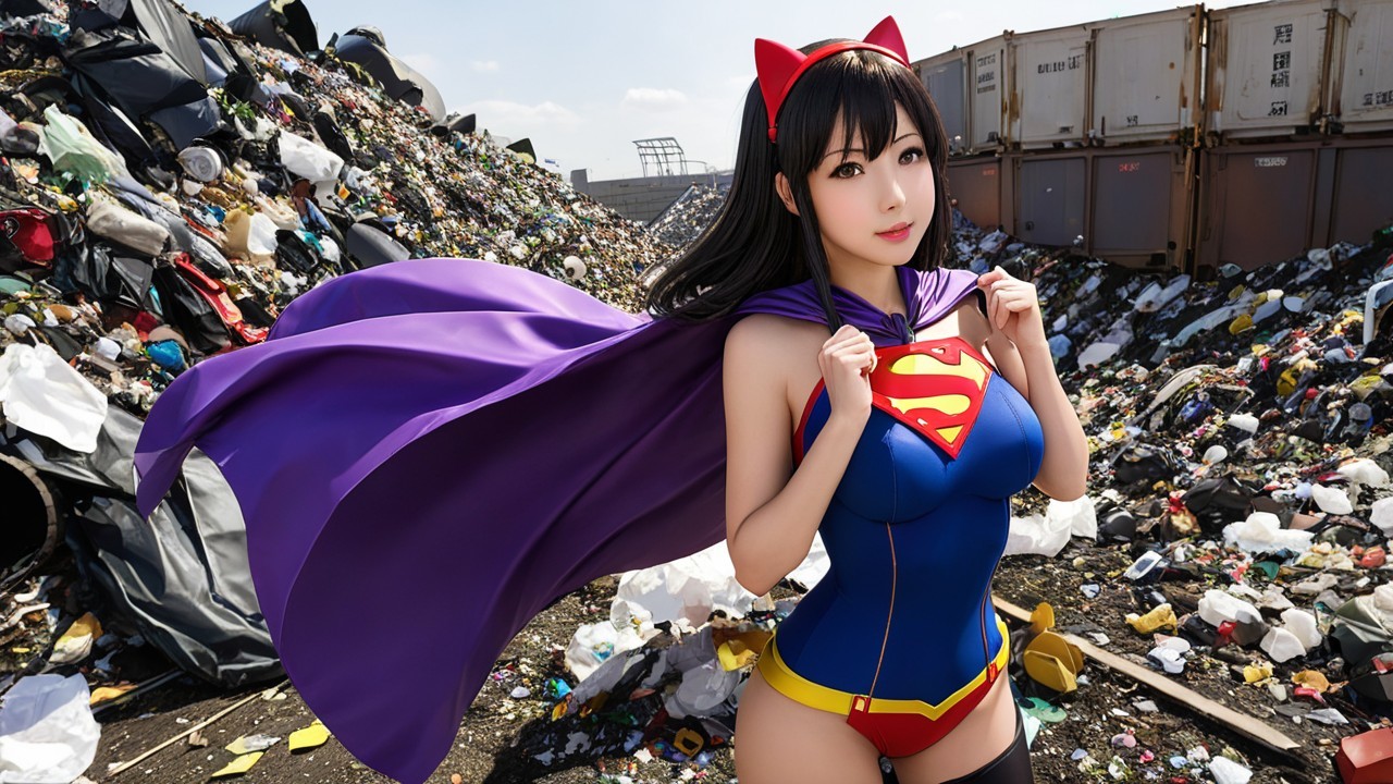 Young Woman in Colorful Superhero Costume at Dump