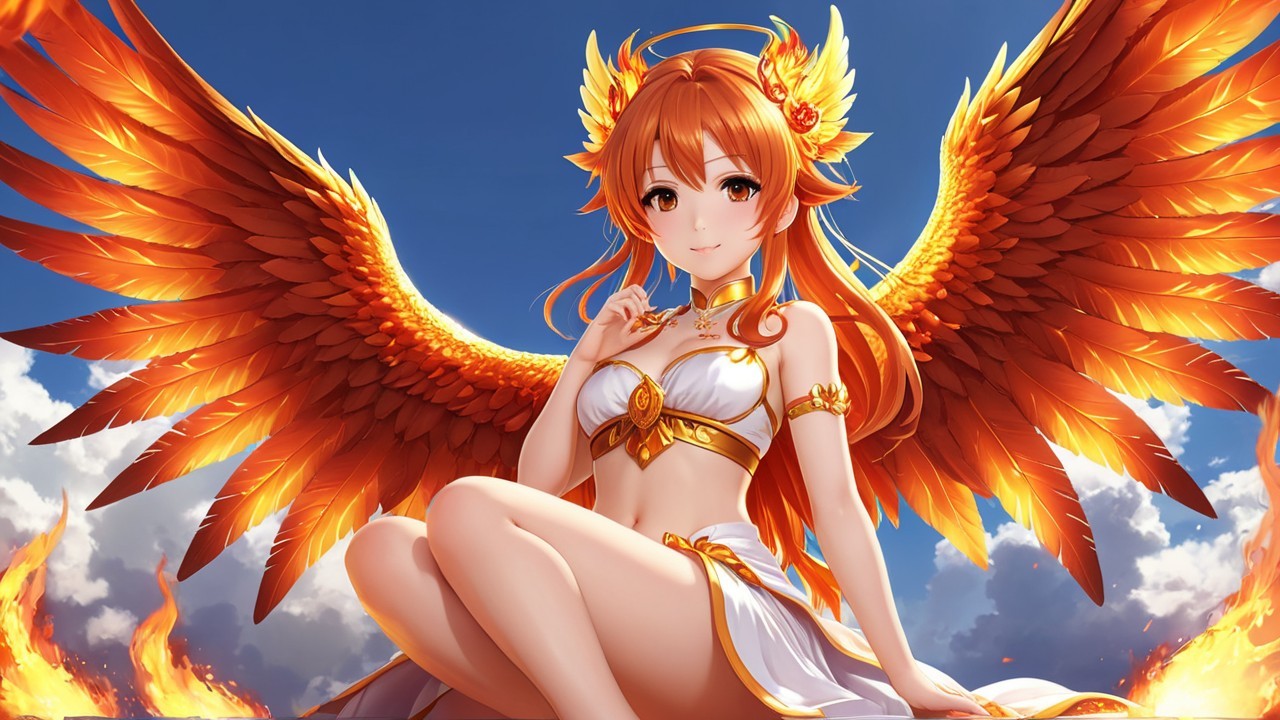 Character with Orange Wings and Flowing Hair Against Blue Sky