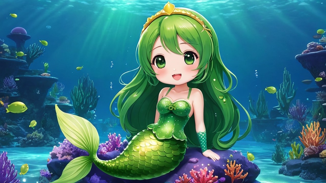 Charming Cartoon Mermaid on Colorful Coral Reef