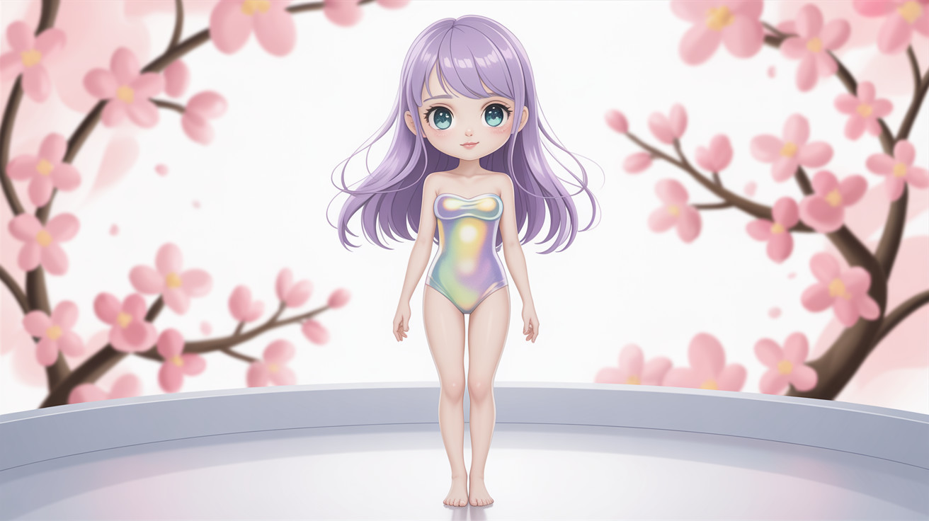 Anime Loli Character in Iridescent Swimsuit on Platform