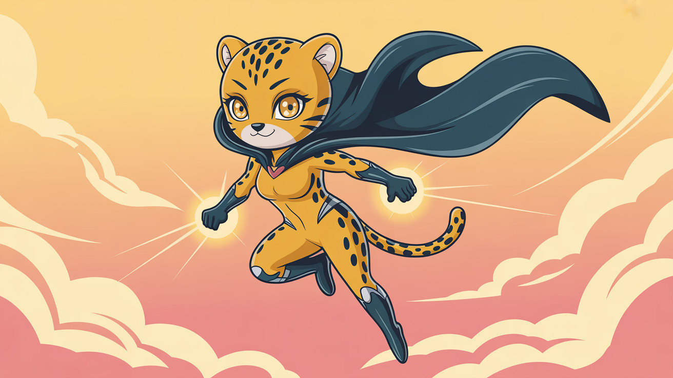 Chibi Cheetah Superhero in Flight with Gradient Sky