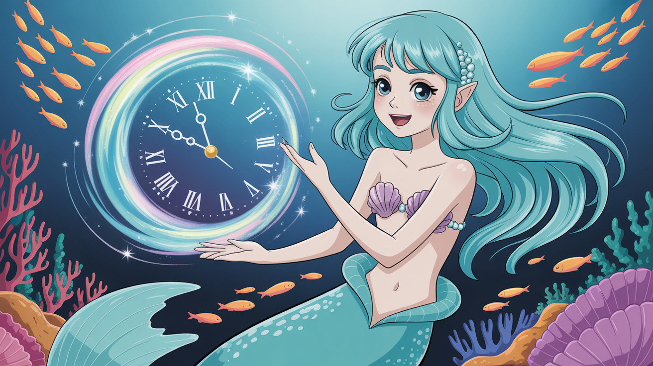 Anime Mermaid with Teal Hair and Magical Clock