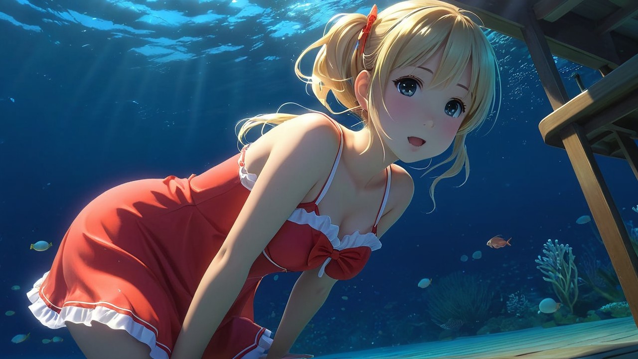 Anime Character in Red Swimsuit Underwater Scene