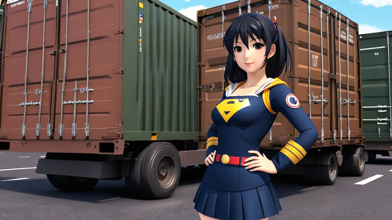 Animated girl in navy dress near shipping containers
