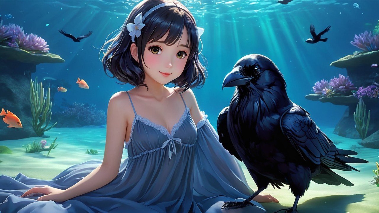 Underwater Scene with Girl, Fish, and Raven