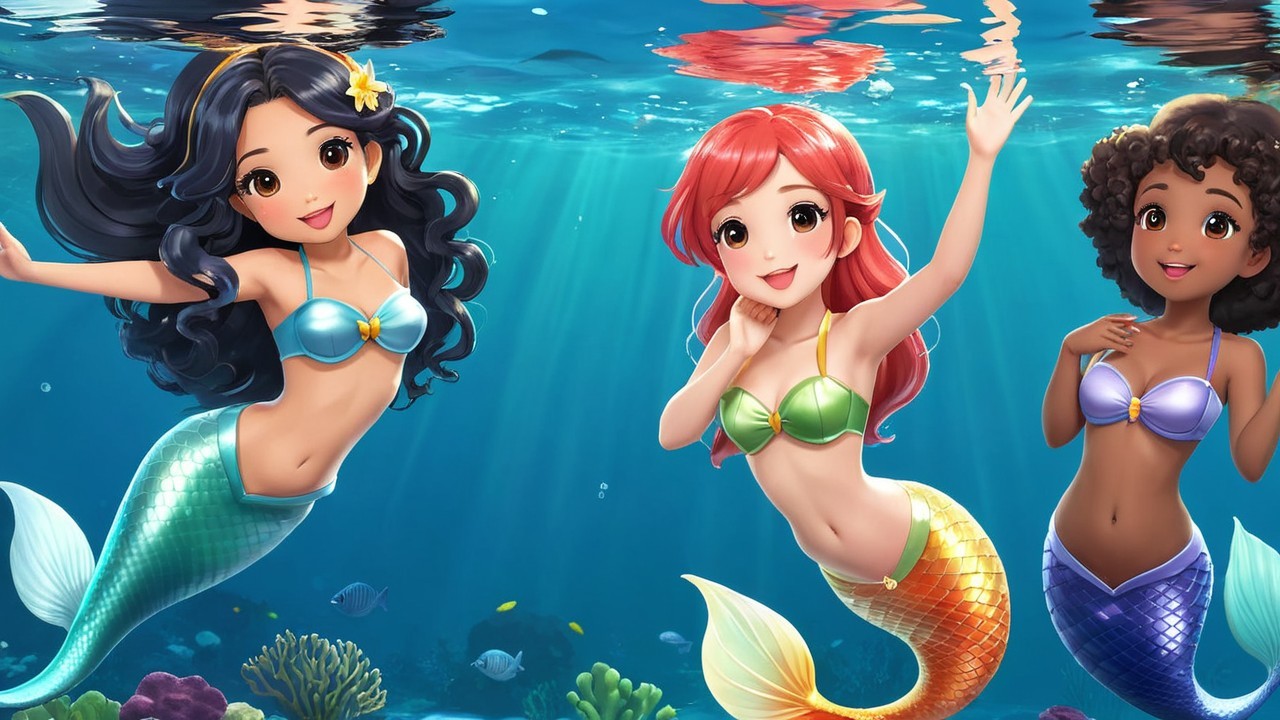 Vibrant Animated Mermaids Swimming Underwater Scene