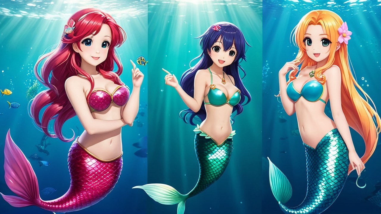 Colorful Mermaids Swimming Underwater with Bubbles