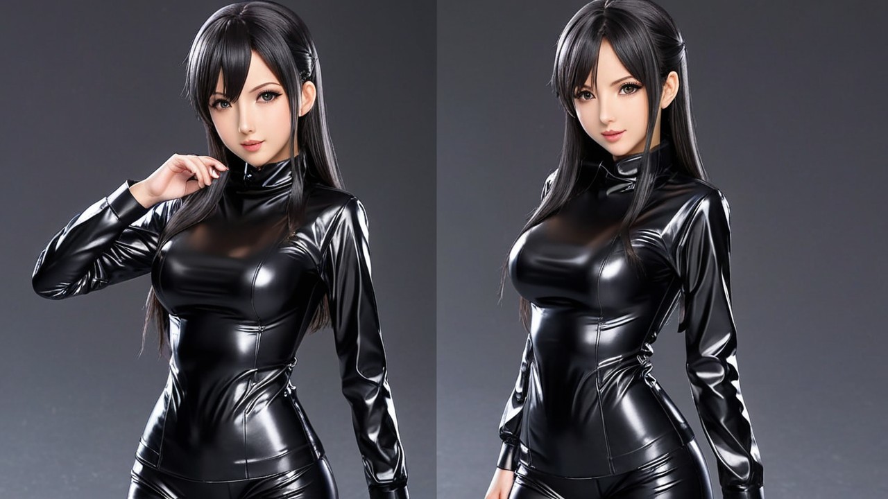 Stylized Character in Black Latex Outfit with Gradient Background