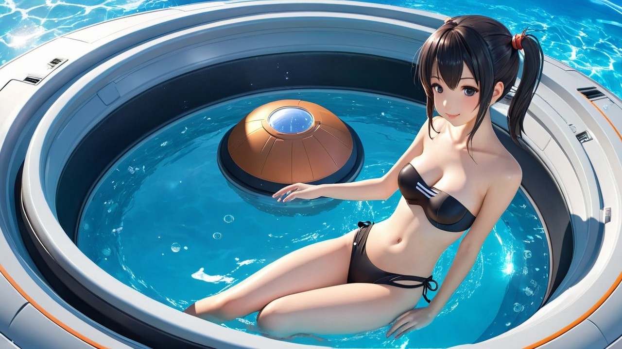Young Woman in Futuristic Pool with Advanced Device
