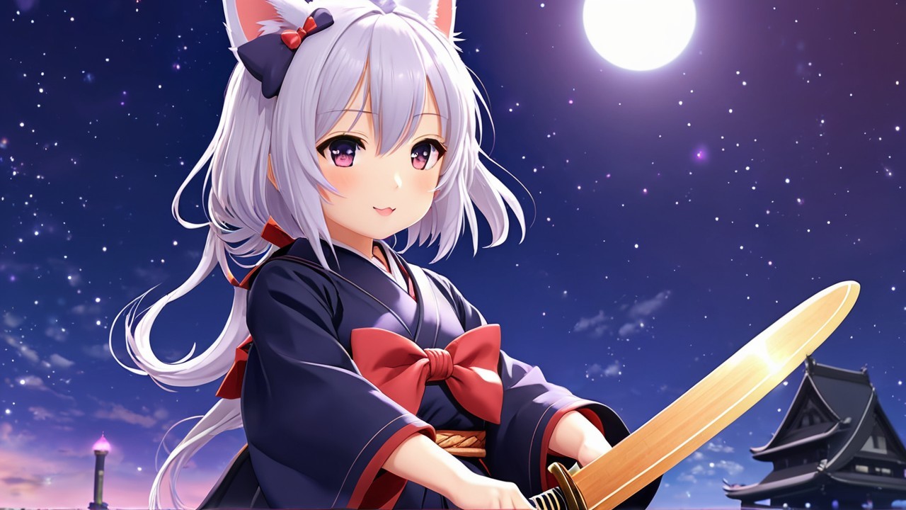 Anime girl with cat ears under a full moon