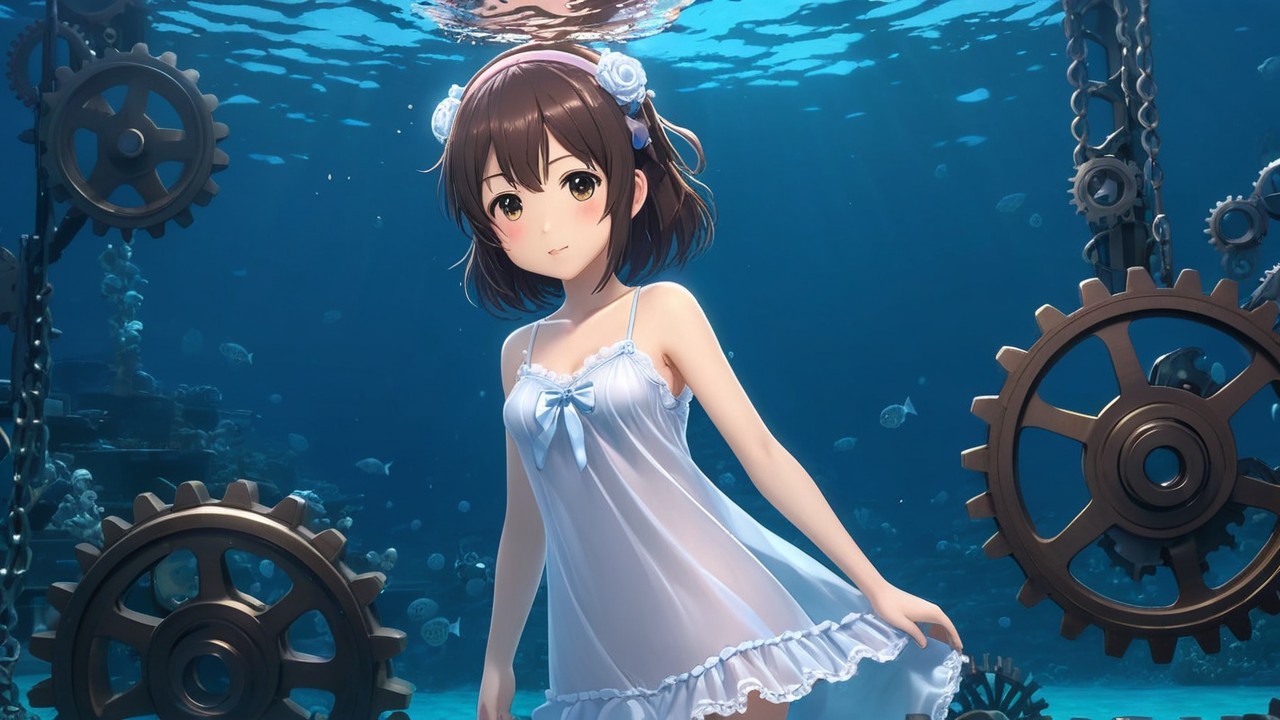 Girl in flowing dress underwater with enchanting blue hue