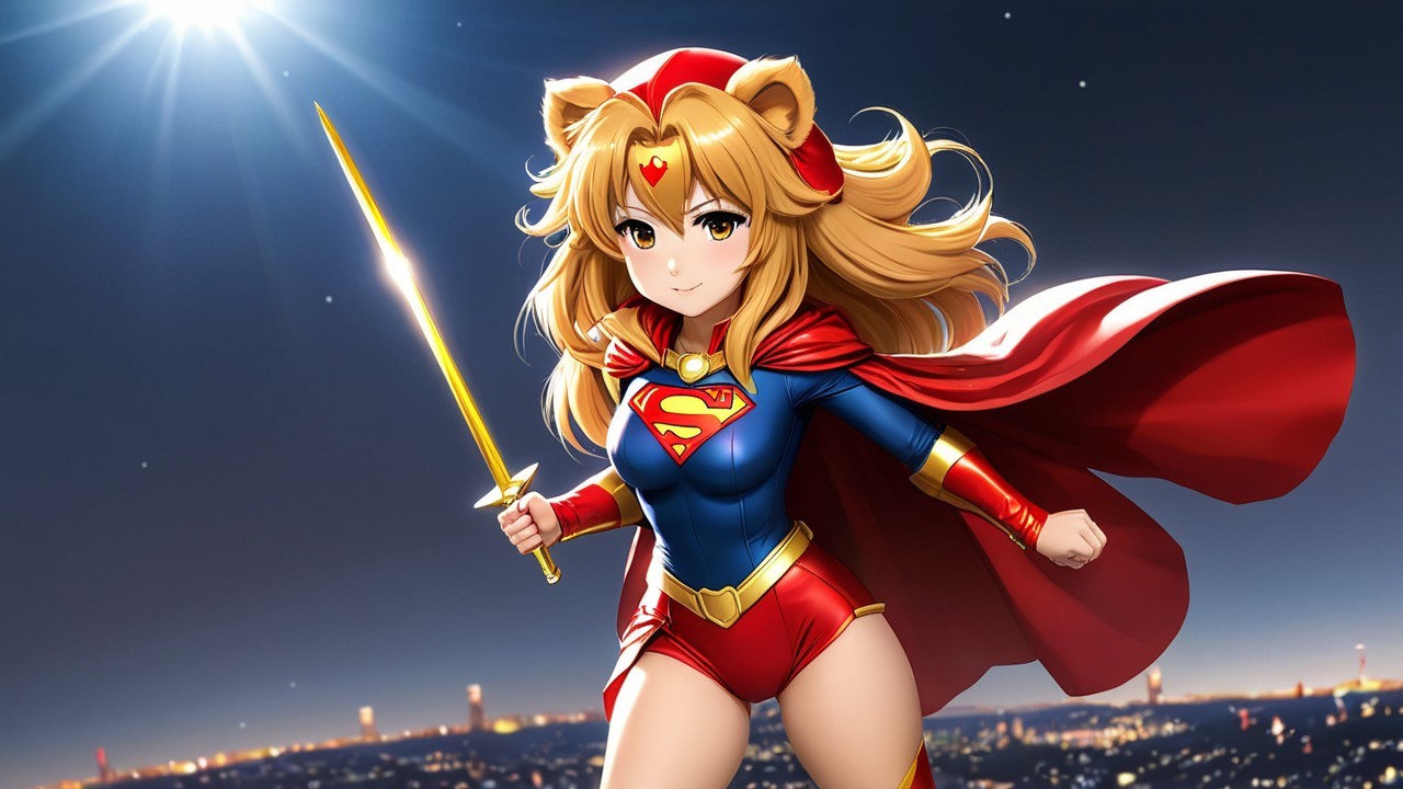 Anime-style superhero character against city skyline