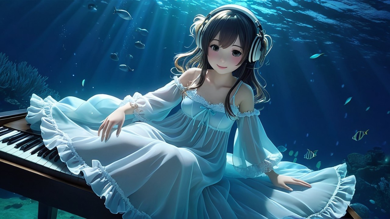 Underwater Scene with Woman on Piano and Fish