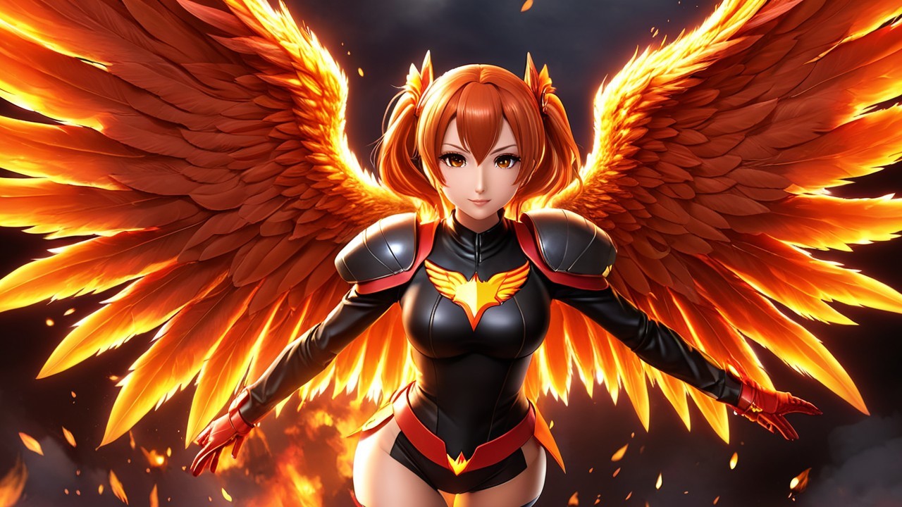 Dynamic Character with Fiery Wings and Bold Outfit