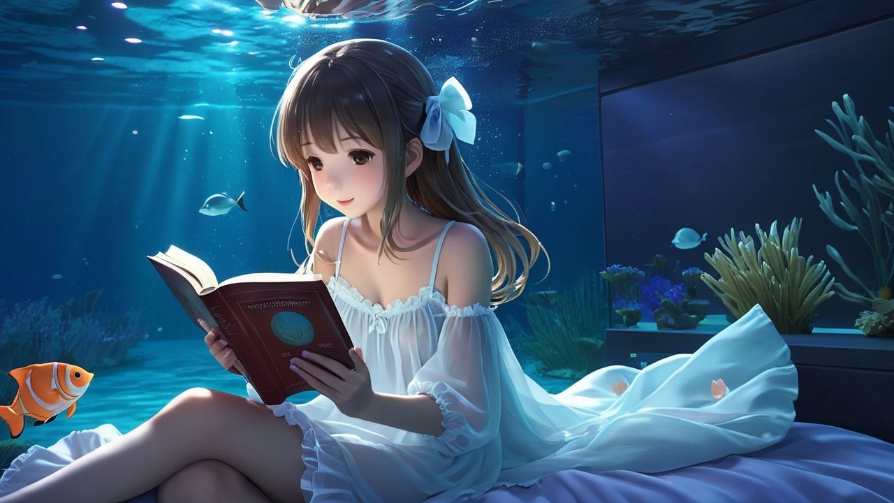 Underwater Scene of a Girl Reading Among Fish