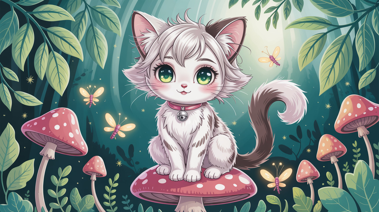 Fluffy Cartoon Cat on Mushroom in Magical Forest