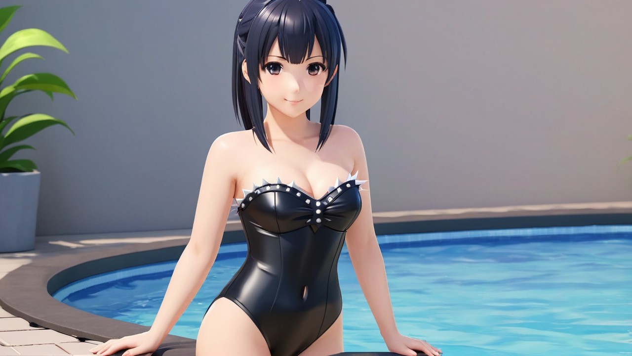 Stylized anime character by a modern swimming pool