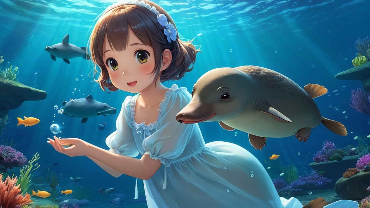 Young girl underwater with fish and dolphins