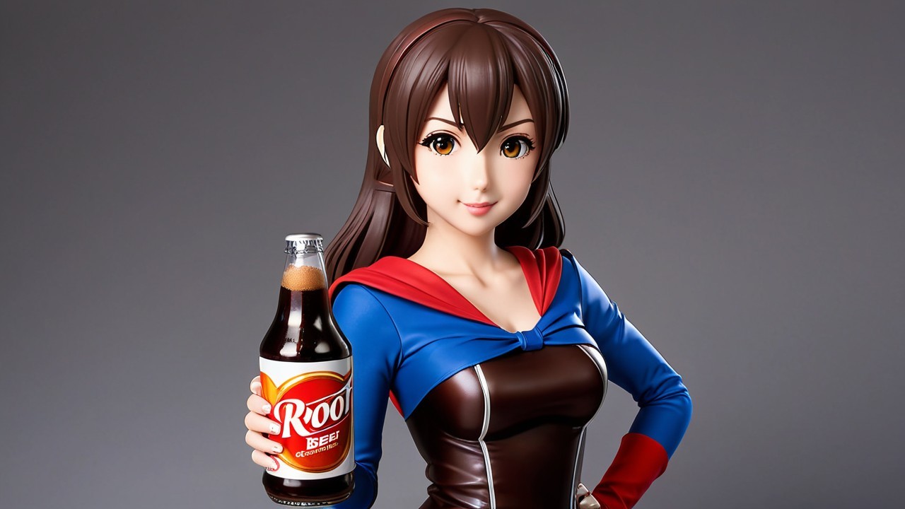 Anime-style figurine of a young woman with root beer