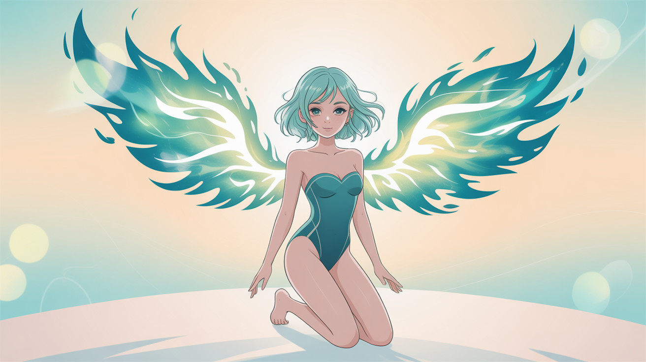 Anime girl with aqua green hair and glowing wings