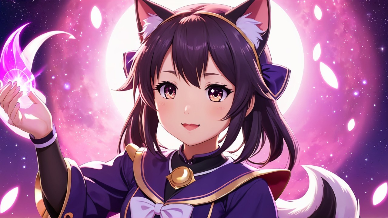 Young girl with cat-like features and glowing crescent
