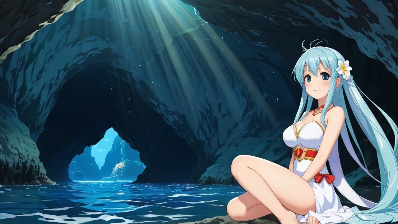 Young Woman with Blue Hair in Serene Cave Setting