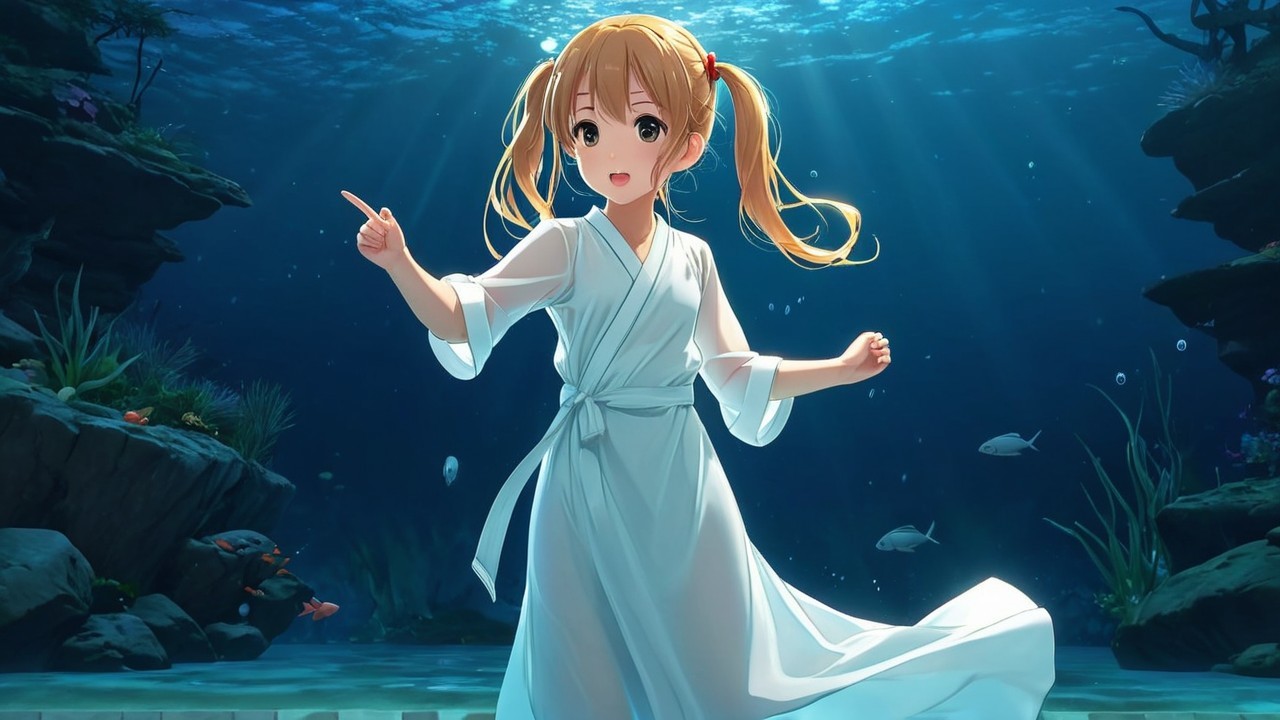 Young girl in white robe gracefully underwater with fish