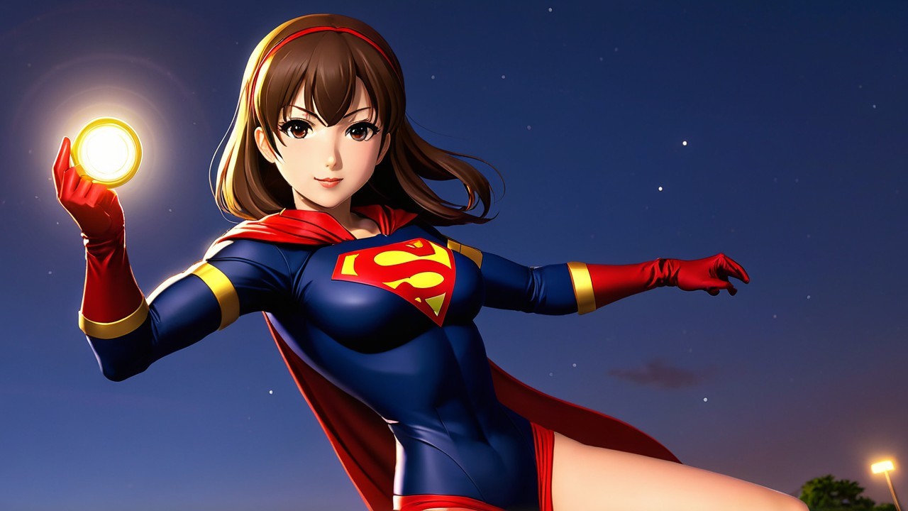 Superheroine in Blue and Red Costume at Twilight